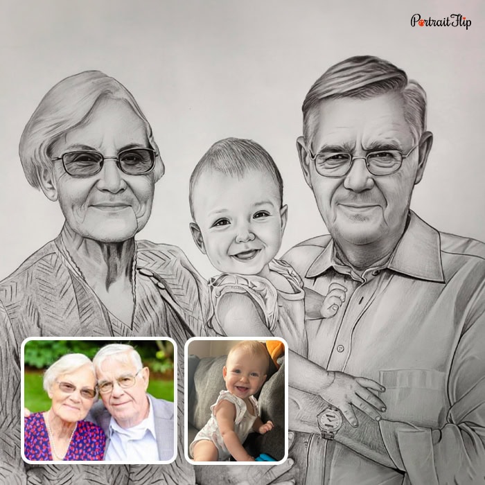 grandparents with newborn baby pencil sketch