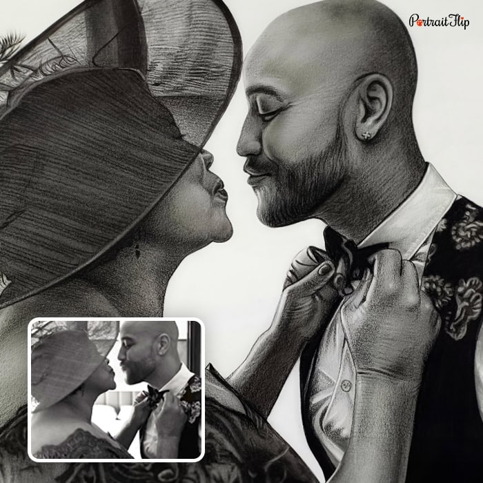 kissing couple charcoal portrait