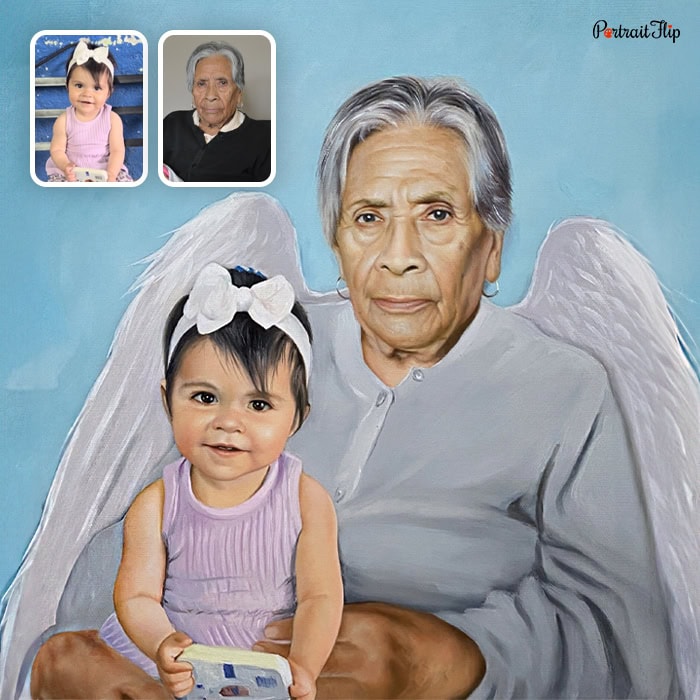 Custom angel painting of an old woman with wings