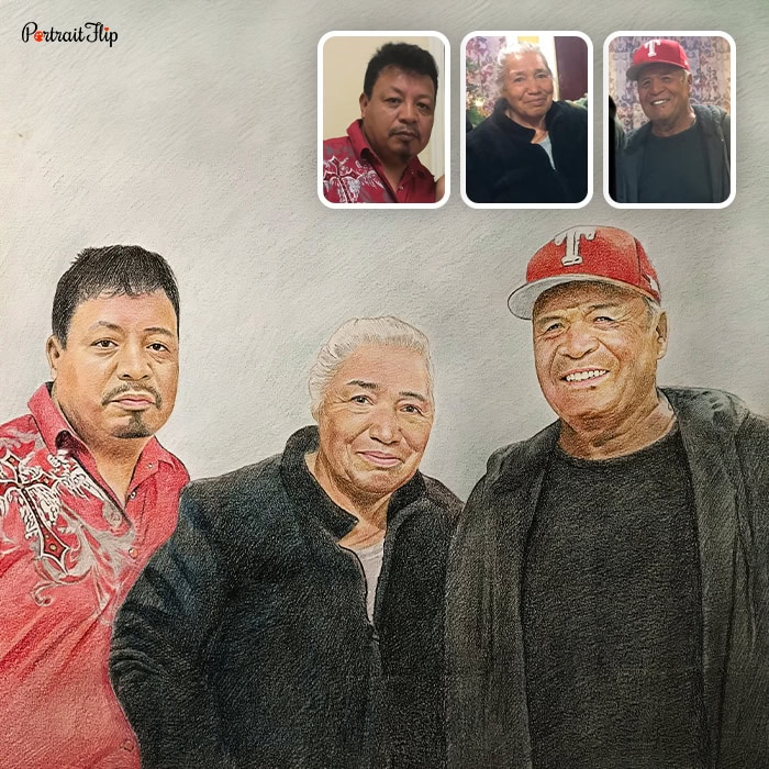 three men compilation colored pencil drawing