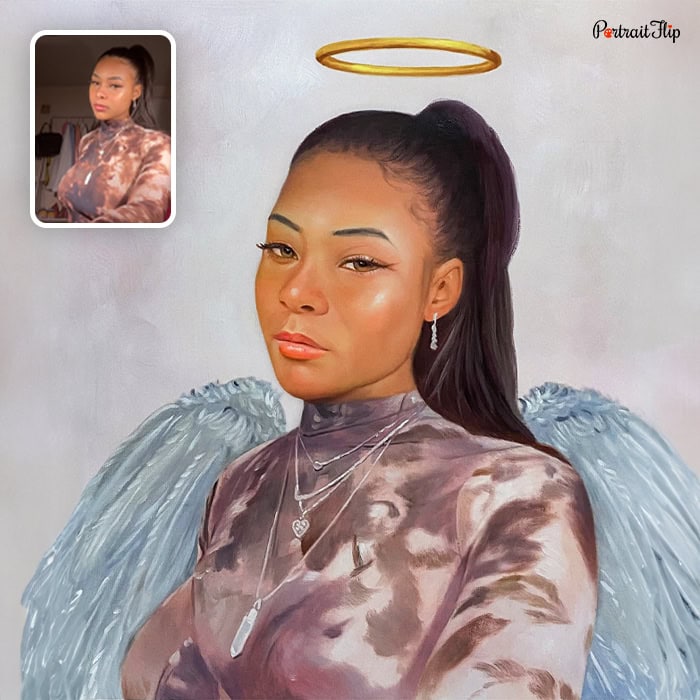 Custom painting of a woman with halo and wings