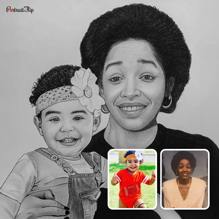 woman with her baby charcoal drawing