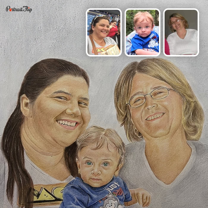 women and baby compilation colored pencil portrait