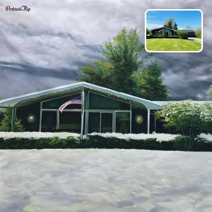 Hand-painted wedding venue portrait on the studio table