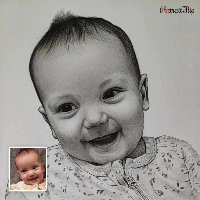 Baby pencil portrait hand-drawn from photo