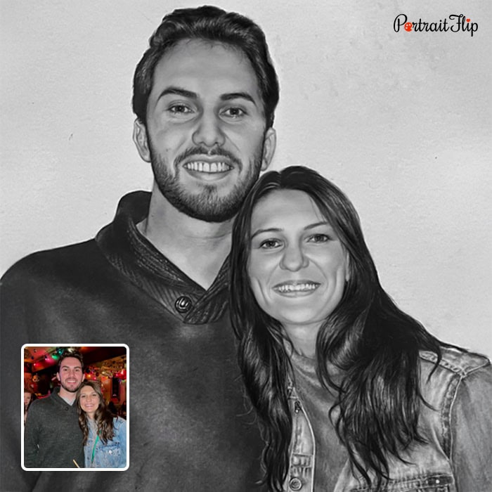 Hand-drawn charcoal portrait of a couple from a photo
