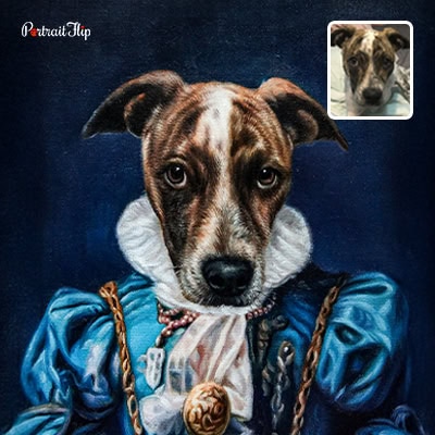 Dog royal portrait in a blue uniform