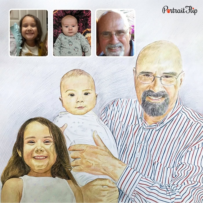 Father with daughter and son colored pencil drawing