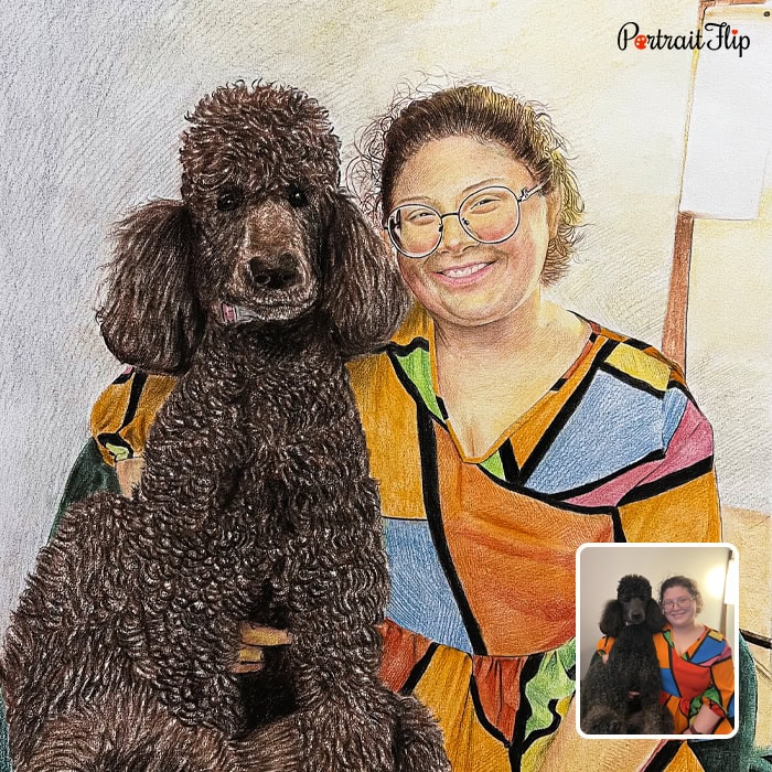 Girl and hairy dog colored pencil drawing