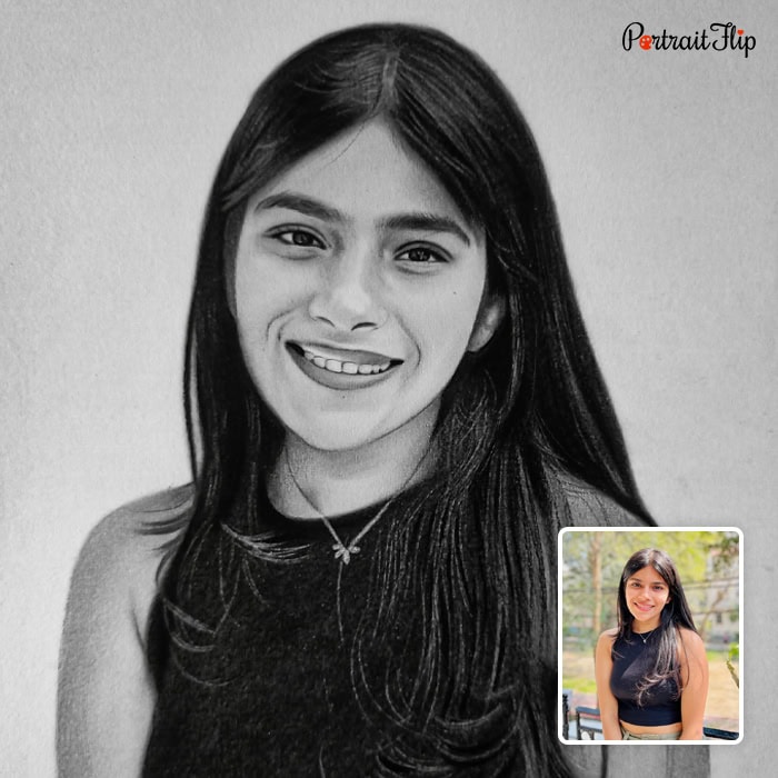 Hand-drawn charcoal portrait of a young girl