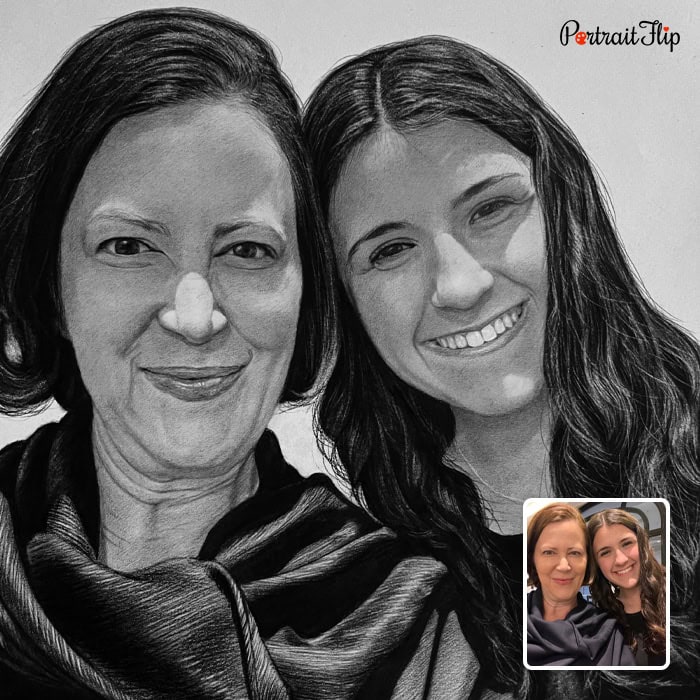 mother and daughter charcoal drawing