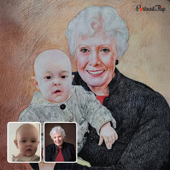 old lady and baby colored pencil painting