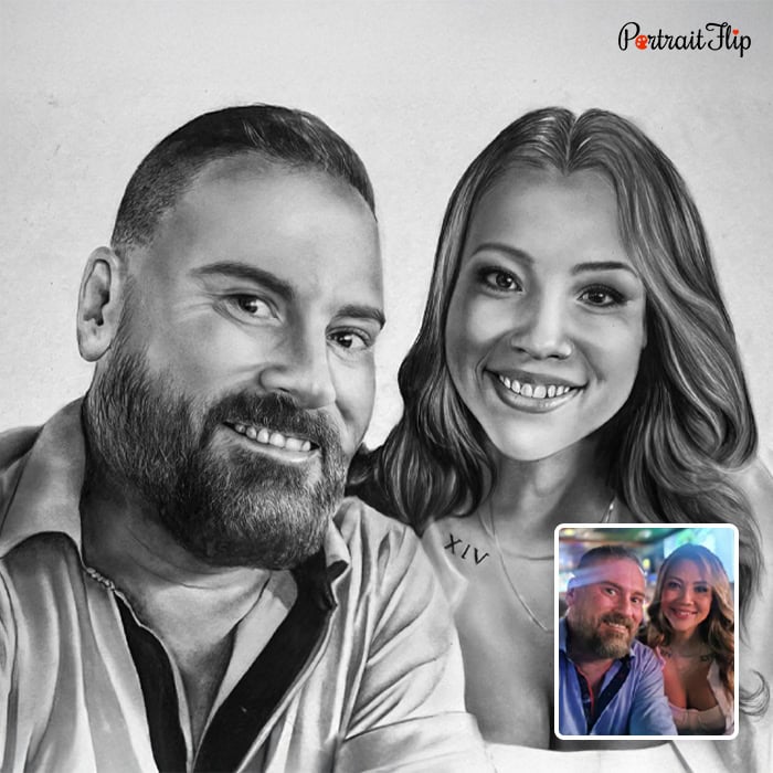 Smiling couple pencil sketch hand-drawn from photo