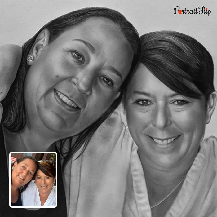Two sisters charcoal drawing