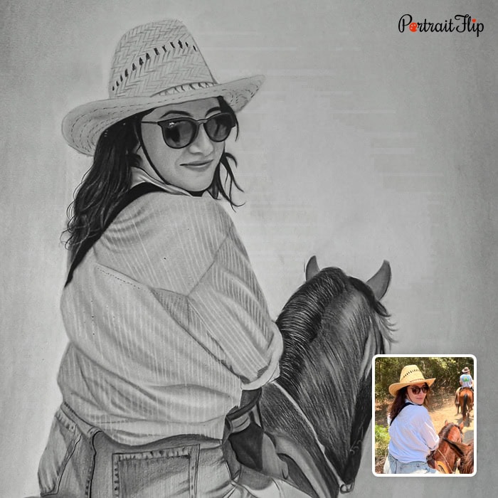 woman on horse pencil drawing