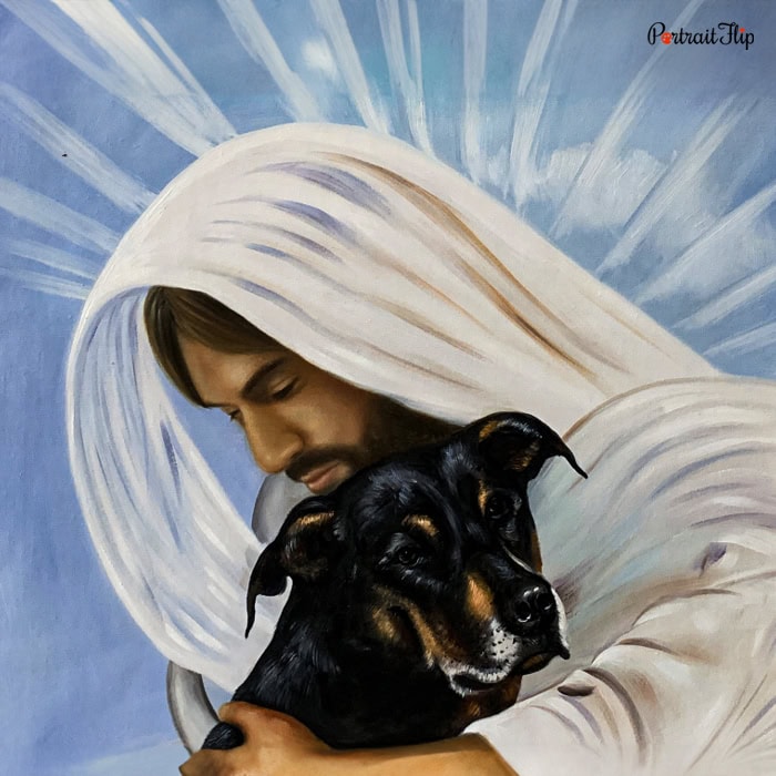 dog in the arm of jesus artwork