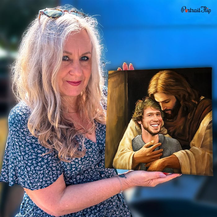 happy customer with custom jesus painting
