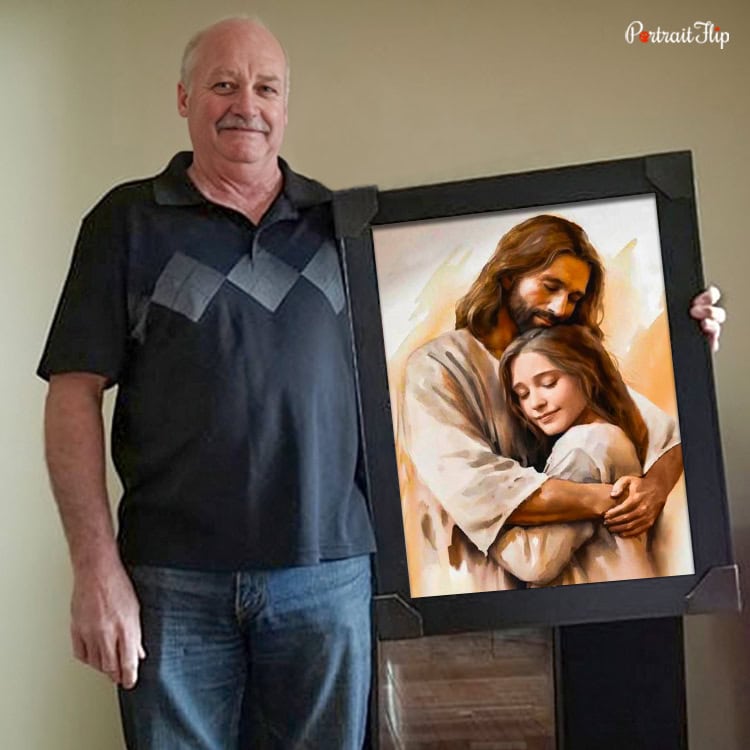 happy customer with jesus custom portrait