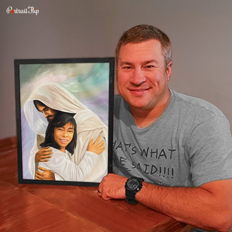 happy customer with jesus memorial painting