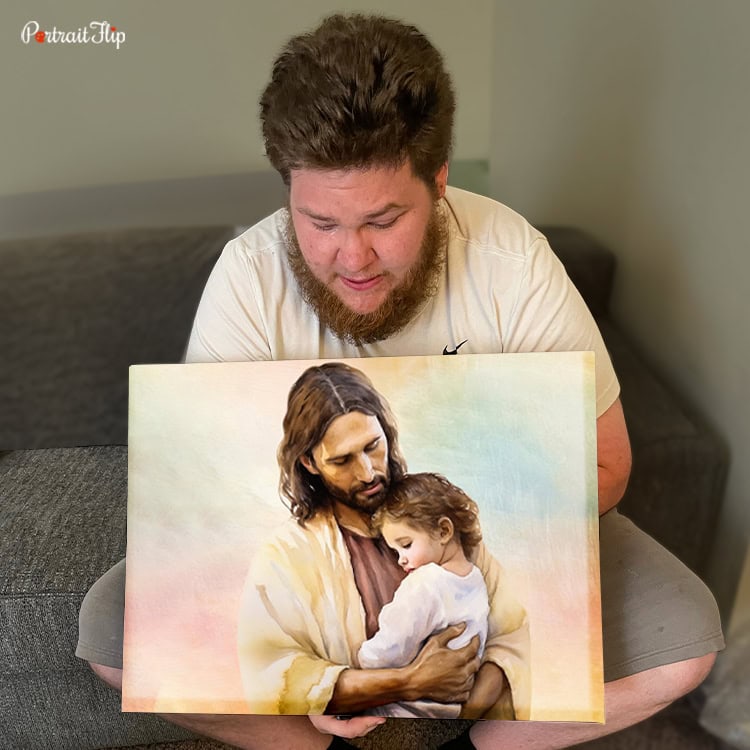 happy customer with jesus portrait