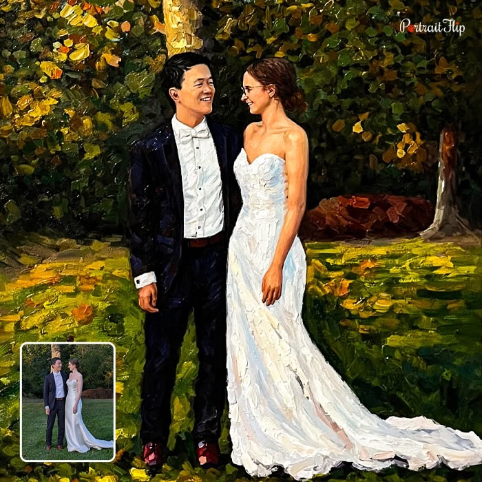 Acrylic painting of a wedding couple from photo