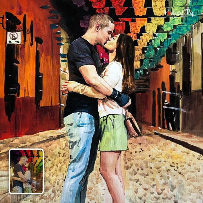 Couple embracing on a colorful street, custom oil painting