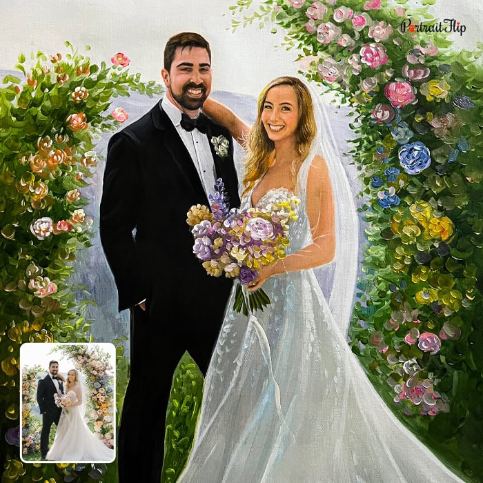 Oil painting of a wedding couple from photo