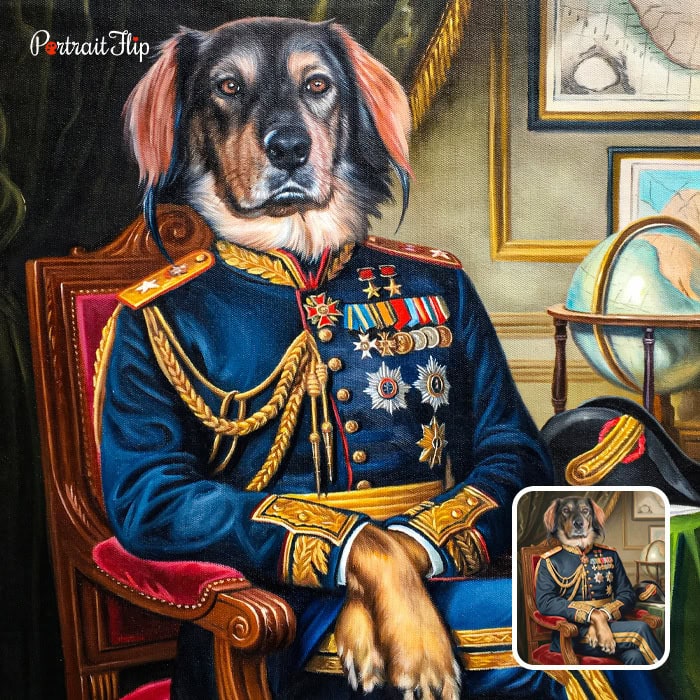 Dog in military uniform royal portrait painting