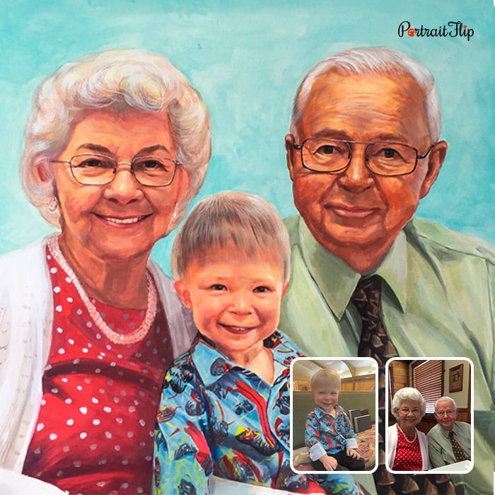 Elderly couple with grandson retirement watercolor painting
