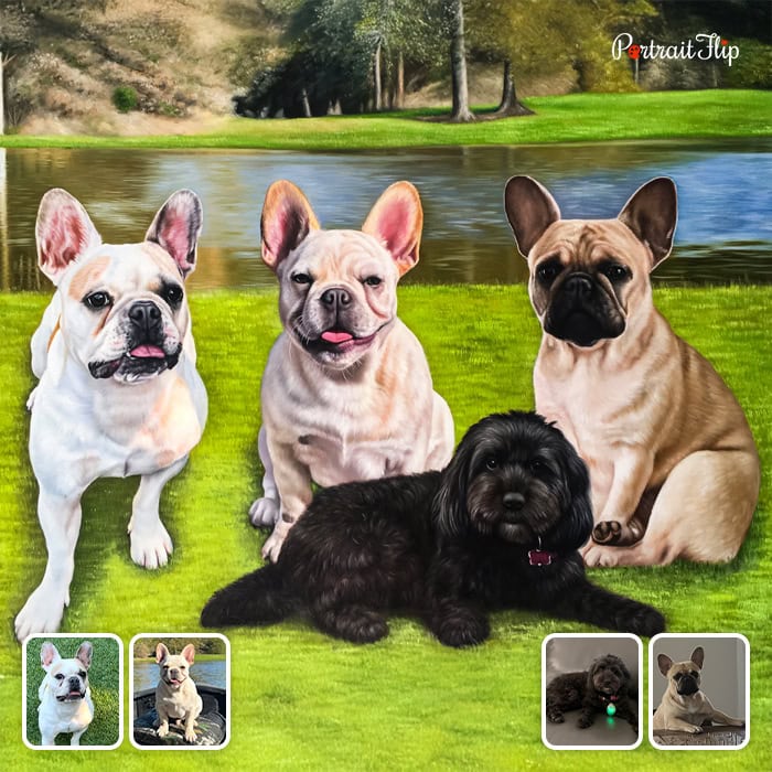 Four dogs compilation oil pet portrait from photo