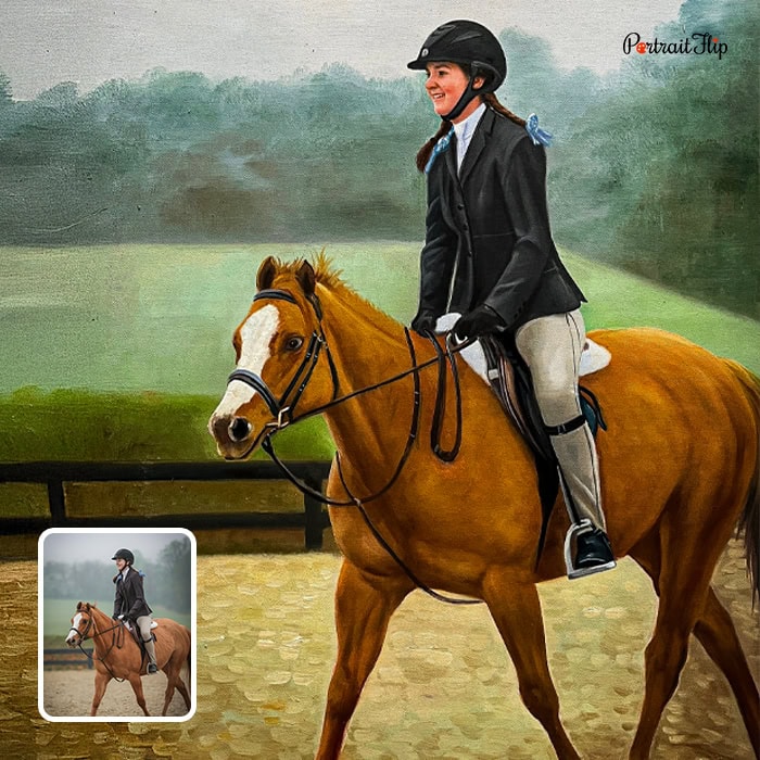 Girl riding horse custom equestrian oil painting from photo