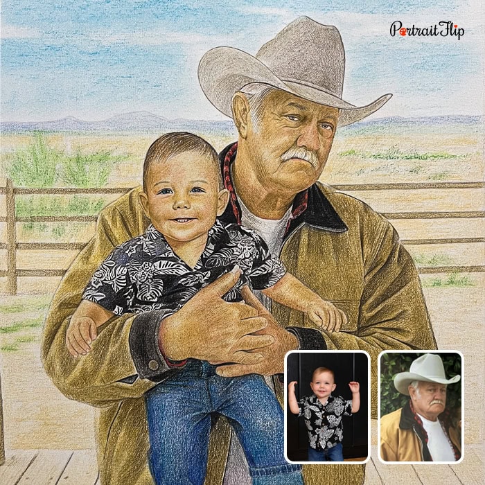 Grandfather holding grandson retirement colored pencil painting
