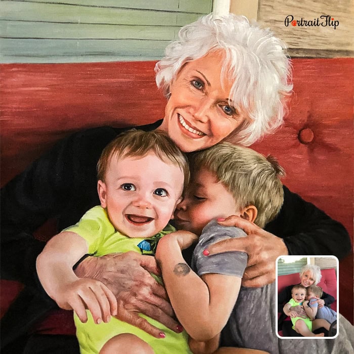 Grandfather with grandchildren retirement oil painting