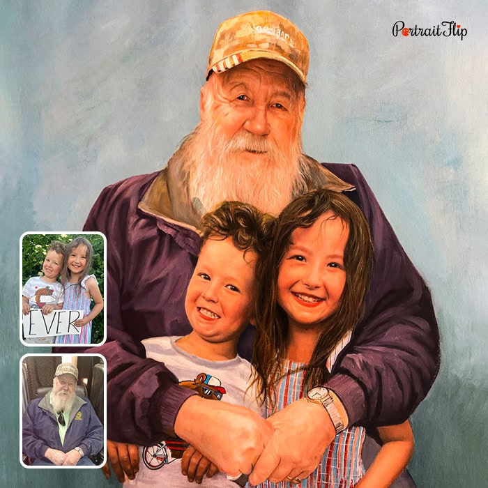 Grandmother hugging grandchildren retirement oil painting