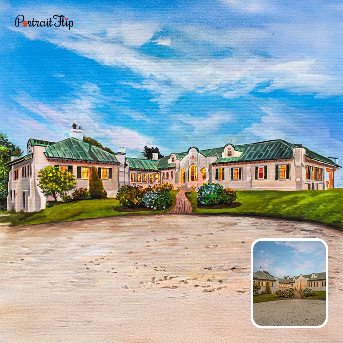 Large estate watercolor painting from photo as closing gift