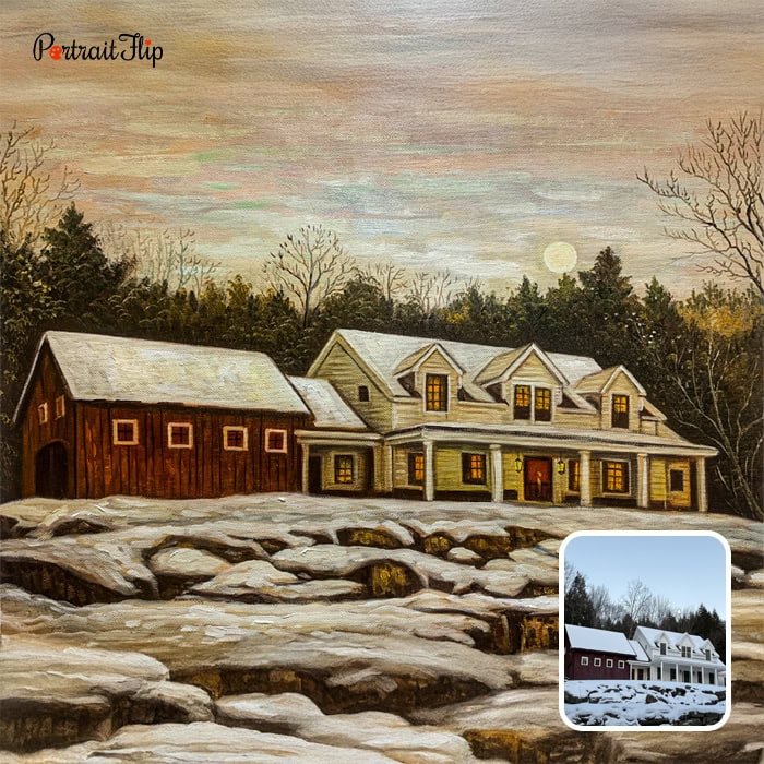 Log cabin acrylic painting from photo as closing gift