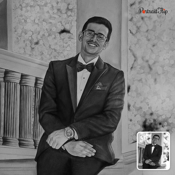 Man in tuxedo personal pencil portrait from photo