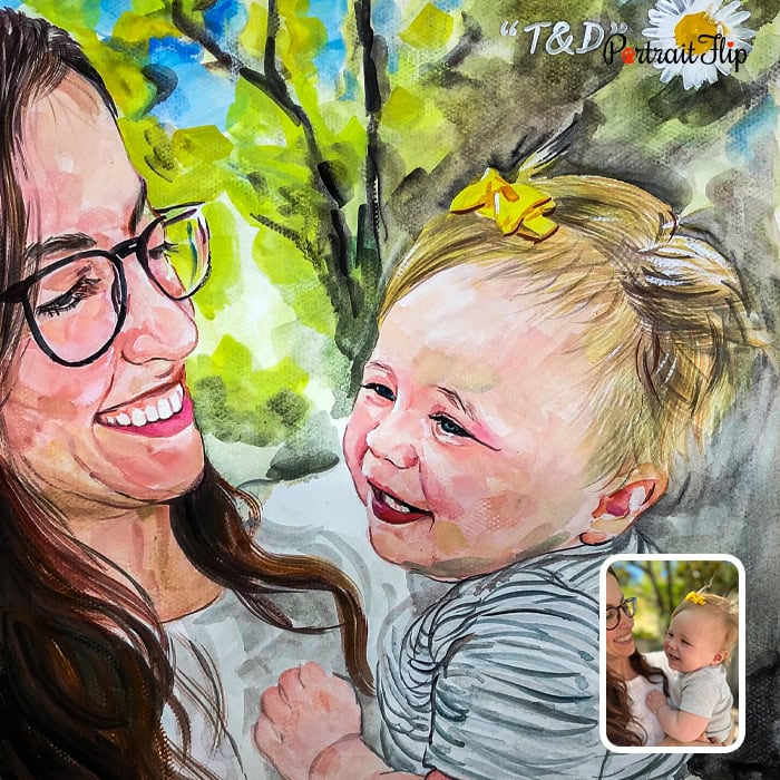 Mother and baby watercolor family painting from photo
