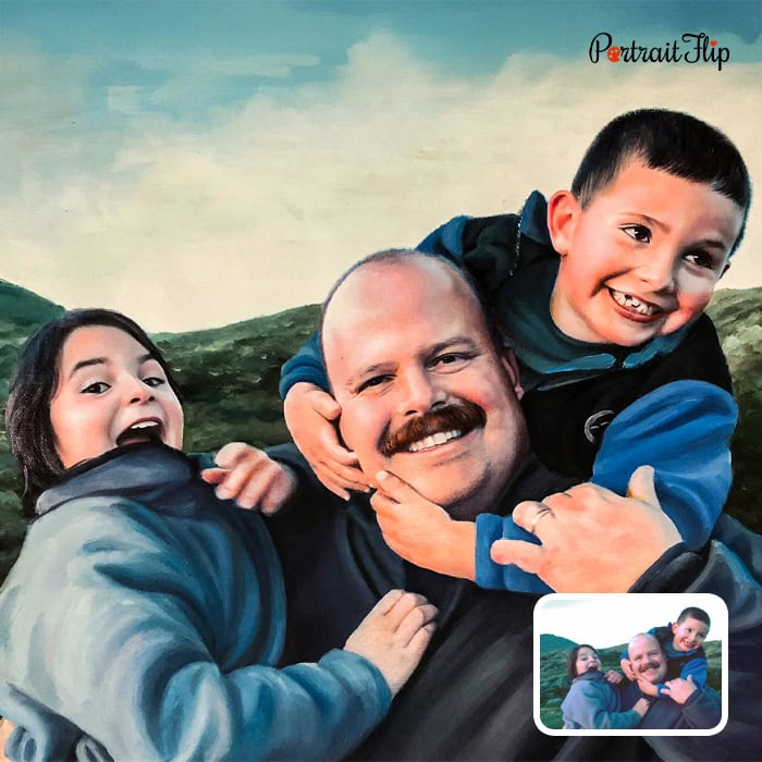 Oil painting of multigenerational family at Disney World castle