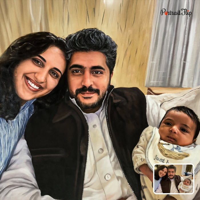 Oil painting of parents with newborn baby