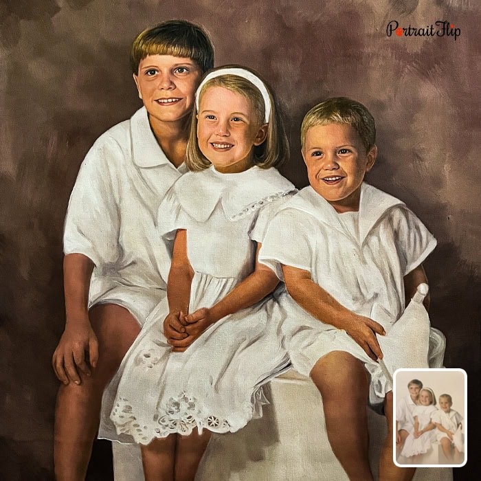 Oil painting of three siblings in white outfits
