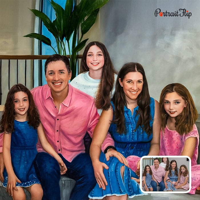 Parents and three daughters acrylic family painting from photo