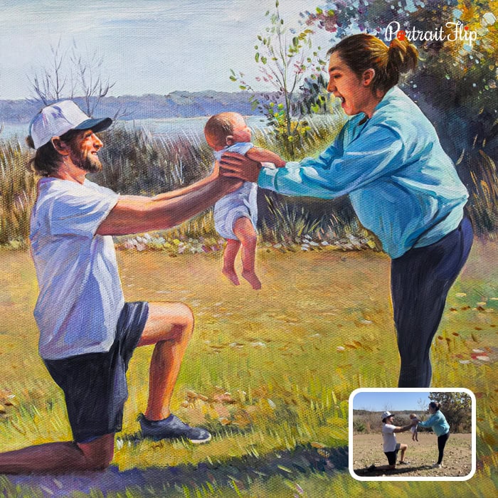 Parents with newborn watercolor family painting from photo