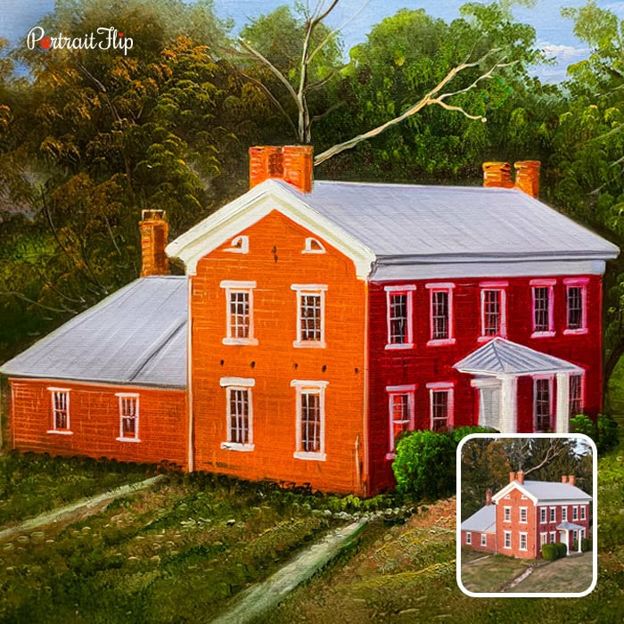 Red brick colonial house oil painting from photo