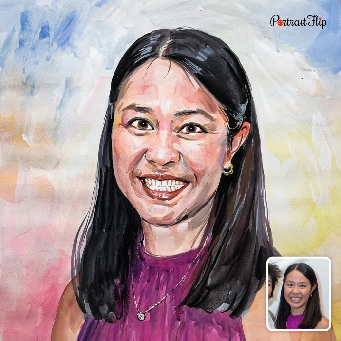Smiling woman personal watercolor painting from photo
