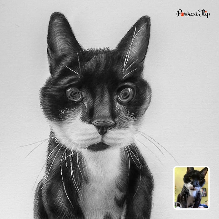 Tuxedo cat custom pencil portrait from photo
