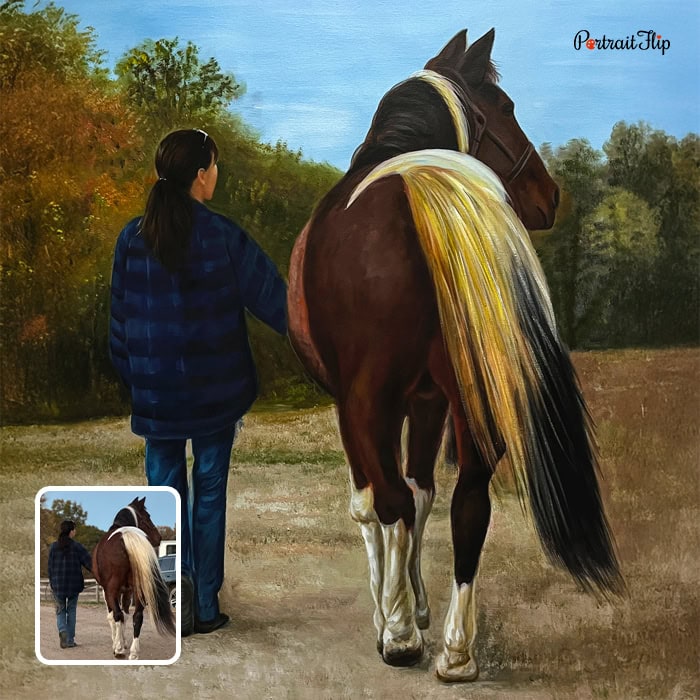 Woman walking with horse custom oil painting from photo