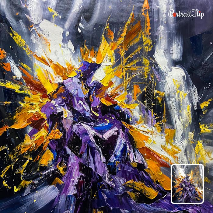 Abstract impasto palette knife painting in purple yellow and black