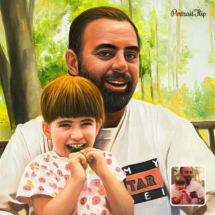 Acrylic painting of father and daughter outdoors