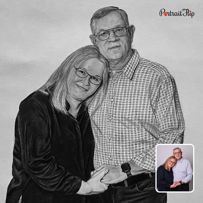 Charcoal drawing of an elderly couple portrait
